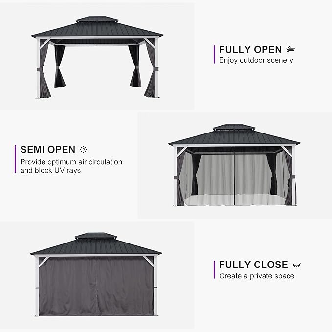 PURPLE LEAF 10' X 14' Hardtop Gazebo, Metal Double Roof White Aluminum Frame Outdoor Heavy Duty Gazebo with Curtain and Netting for Patio, Garden and Backyard, Grey