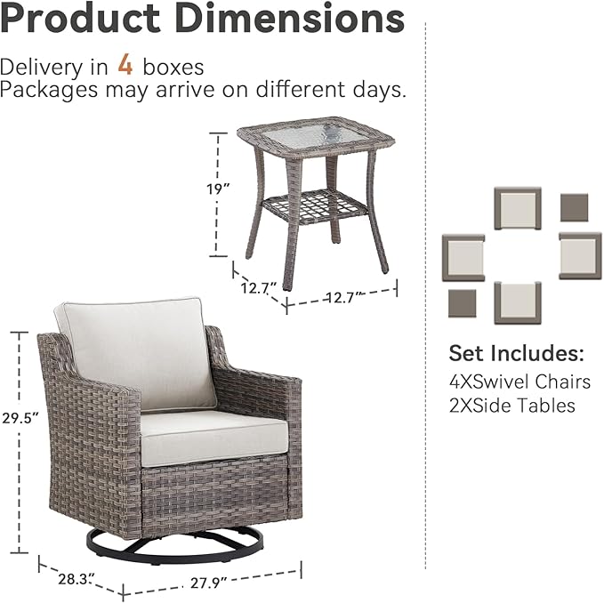 Patio Furniture Set, 6 Pieces Outdoor Wicker Rattan Sofa Couch with Swivel Rocking Chair,Side Table and Comfy Cushions, All Weather Patio Conversation Sets, Suit for Porch Deck