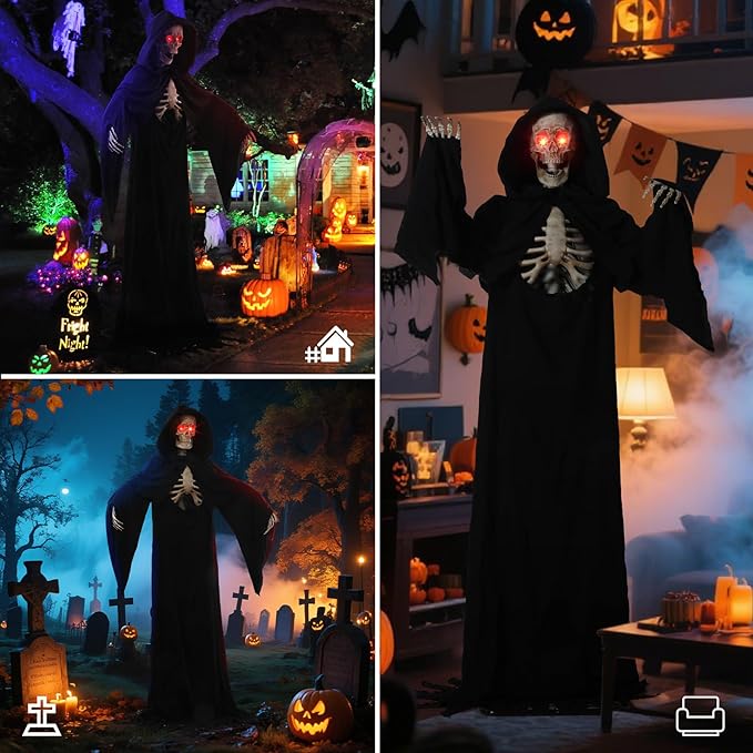 Quntis Halloween Talking Animatronics Outdoor Decoration - 7FT Tall Scary Animated Grim Reaper with Lighted Red Eyes Sound & Touch Activated - Creepy Poseable Skeleton Halloween Graveyard Decor Props