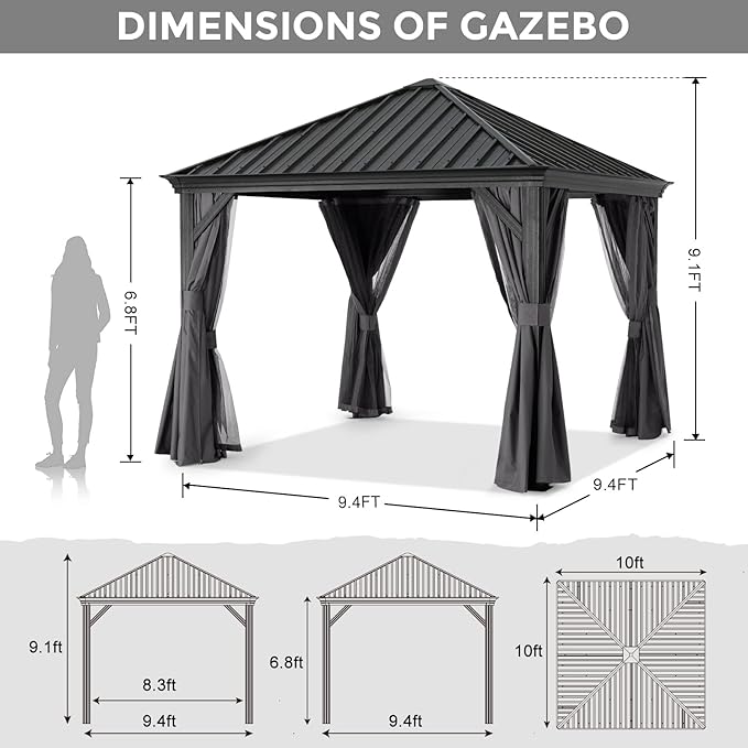 ABCCANOPY Hardtop Gazebo 10x10 - Outdoor Metal Hard Top Gazebo, Permanent Galvanized Steel Aluminum Framed Pavilion with Netting and Curtain for Patio Backyard Lawn Garden (Single Roof, Gray)