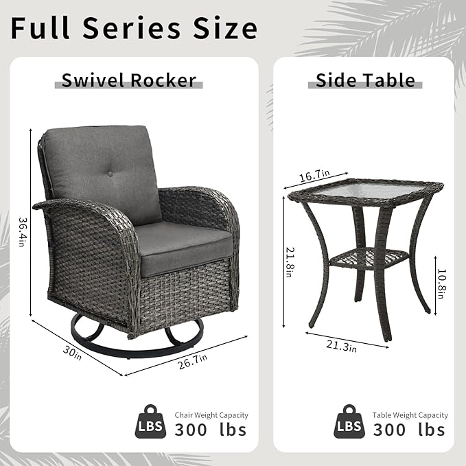 3 Pieces Patio Furniture Set, Outdoor Swivel Rocking Chair Set of 2 with Side Table - 360° Swivel, Thick Cushions, All-Weather Bistro Set for Deck, Porch, Pool(Grey, Grey Full-Weave Rattan)