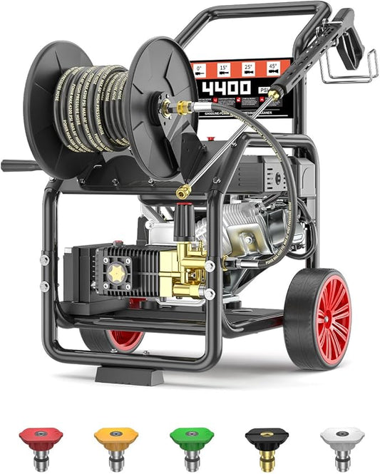 4400 PSI Gas Pressure Washer, One-Button Start 296cc 15HP Engine 4GPM, Includes Hose Reel, 50 FT 3/8 inch Hose, 5 Quick Connect Nozzles, Spray Gun and Wand