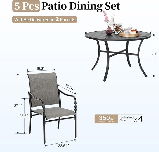 Patio Table and Chairs Set of 4, All-Weather Breathable Textilene Patio Chair with Gourd-Shaped Armrests, 42x42 Round Table with Umbrella Hole, 5 Pcs Metal Frame Patio Dining Set