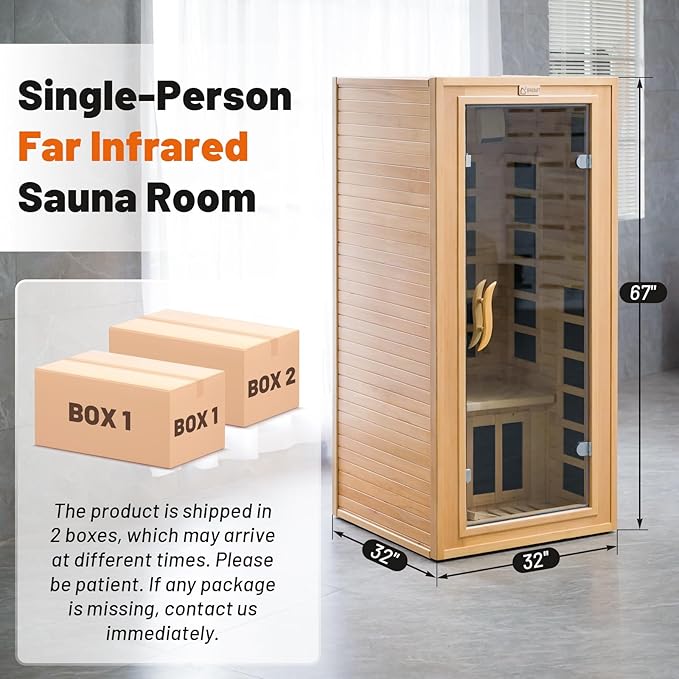 Infrared Sauna 1 Person 7 Heating Panels Hemlock Wooden Home Sauna 1350W, Dry Sauna for Home Spa Room, Time Temp Pre-Set Sauna Room, Mini Personal Far Infrared Saunas for Home