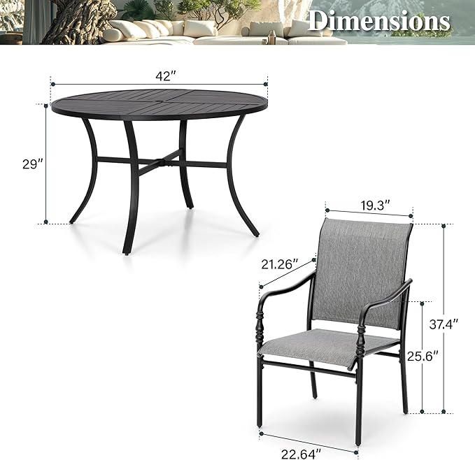 HERA'S HOUSE 5 Pieces Outdoor Dining Sets, Round Table with 4 Armrest Chairs, Patio Table and Chairs for Lawn Porch Backyard Restaurant