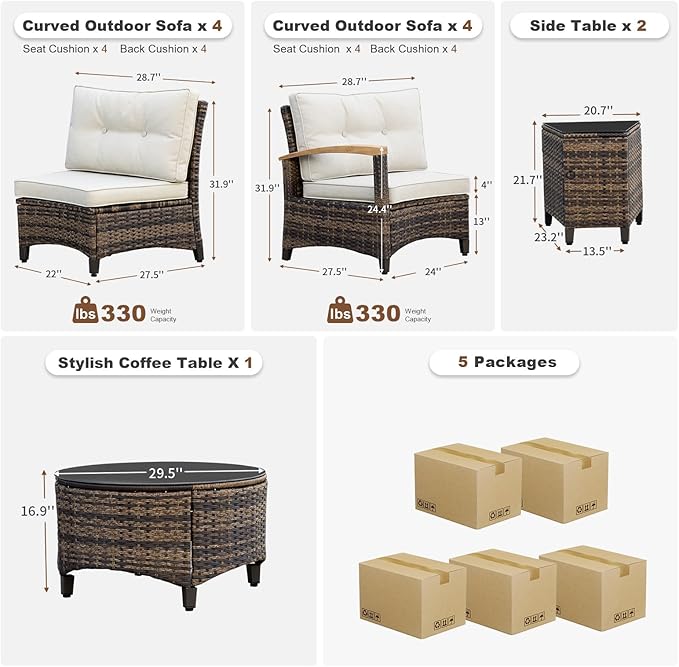 MEISSALIVVE 11 Piece Outdoor Patio Furniture Set, Half-Moon Curved Sectional Sofa Rattan Conversation Set with Wood Armrests, Coffee Table & 2 Side Table（Brown）