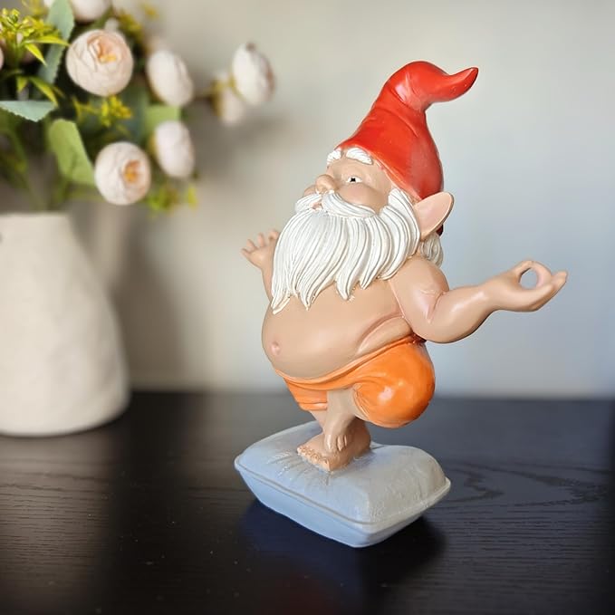 Zen Yoga Gnome Statue – Handcrafted Resin Meditation Gnome on Pillow, Tree Pose, Relaxed Expression – Weatherproof Indoor Outdoor Garden Decor, Unique Gift for Yoga & Meditation Lovers