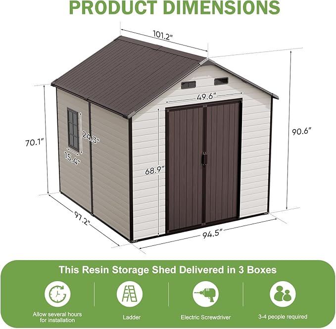 8x8 FT Outdoor Storage Shed, Waterproof Resin Shed with Floor Included & Lockable Door & Window & Vents, Outside Plastic Sheds for Backyard, Patio, Poolside, Lawn, Dove Grey