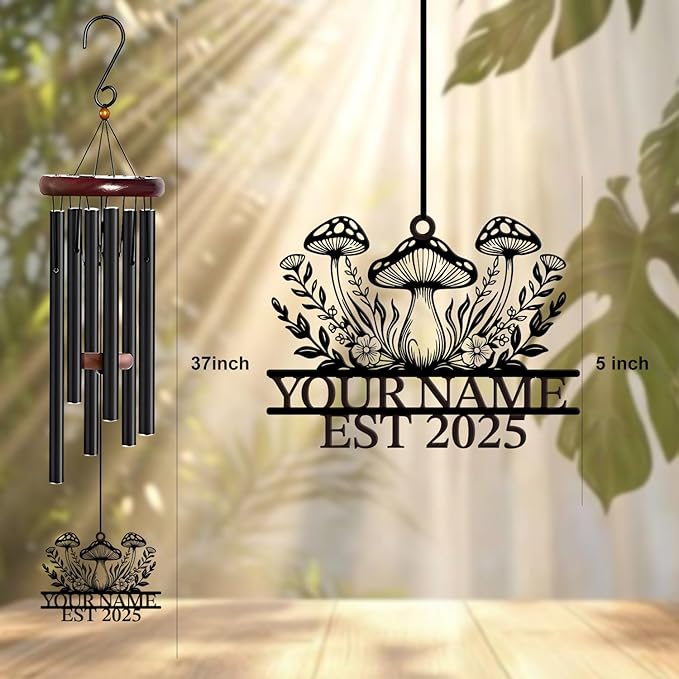Personalized Customize Name Fantasy Mushroom Wonderland Wind Chime, Metal Iron 37 Inch Outdoor Memorial Gift for Garden Yard Patio Home Decor, Black (Style A)
