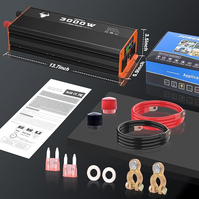 3000 Watt Power Inverter, Car/Home 12V DC to 110V AC Converter, with LED Display, Dual AC Outlets, USB Port, Dual Smart Fans, Cables Included, Suitable for Home, RV