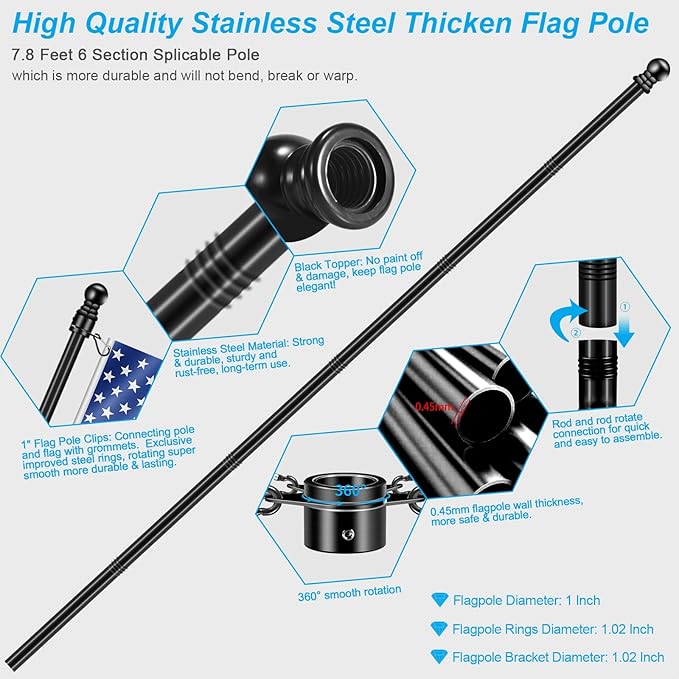 7 FT Flag Pole Kit for Outside House Porch Wall Mounted with 2-Position Bracket Holder & Rotating Metal Flagpole Ring, 1" Spinning Stainless Steel Thicken Flag Poles for 4x6 American Flag(7 FT, Black)