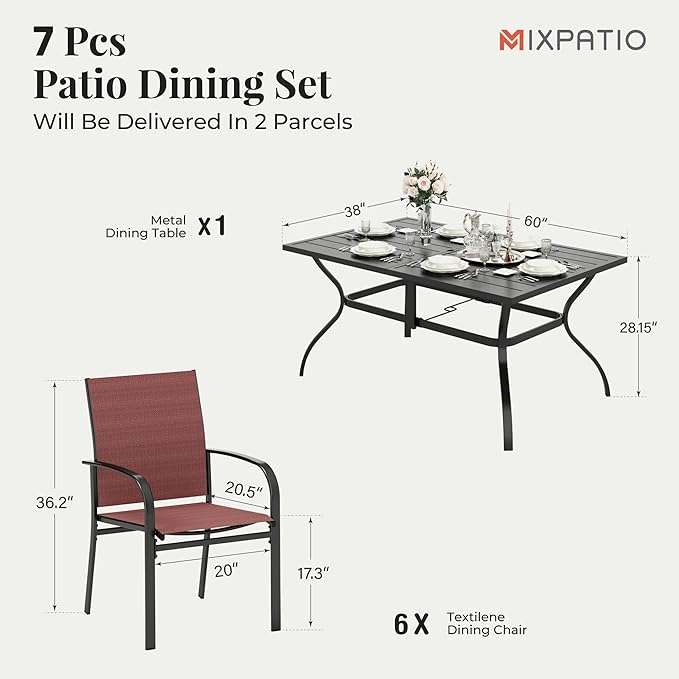 Patio Table and Chairs Set, Patio Dining Sets for 6 with Red Chairs and Metal Rectangular Table, 7-Piece Patio Furniture Set for Deck Backyard Poolside