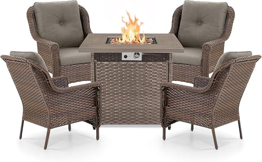 Outdoor Patio Chairs with Fire Pit Table 5 Piece Set - High Back Brown Wicker Rattan Lawn Chair with Thick Cushion for Porch Apartment Deck Yard Poolside Garden - Grey