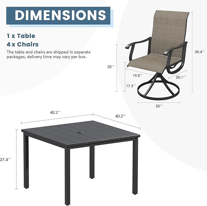 DIFY 5 Pieces Outdoor Patio Dining Set for 4, 40.2" Black Metal Square Dining Table and 4 Brown Textilene Swivel Dining Chairs, Outdoor Table and Chairs