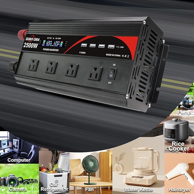 2500 Watt Inverter with LCD Display & Remote Control 12V DC to 110V/120V AC Converter Peak Power 5000W Car Inverter with 4 Sockets & 4 USB Ports for RV Truck Camping Off-Grid Solar System
