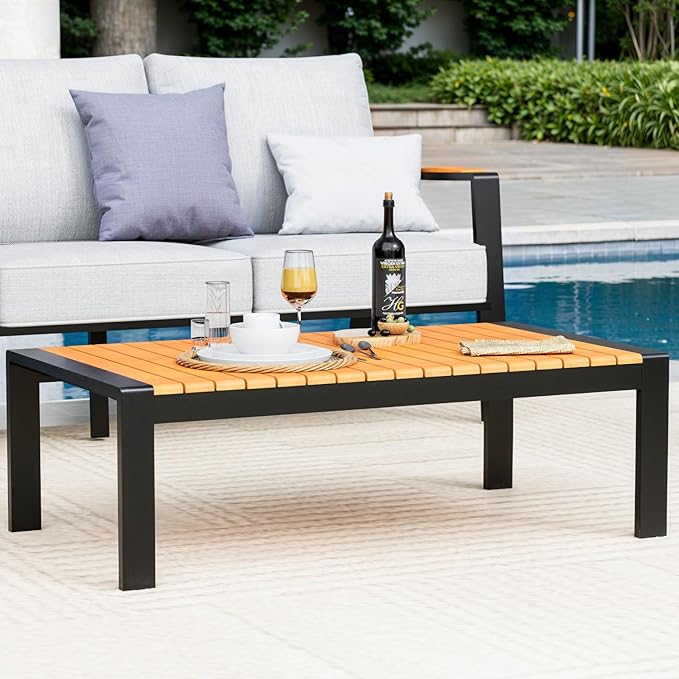 Aluminum Outdoor Coffee Table - Black Rectangle Patio Tables with Teak Top for Deck, and Poolside