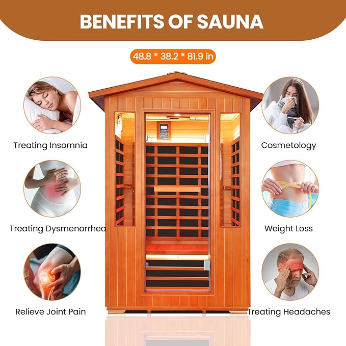 Outdoor Sauna 2 Person Sauna Infrared Saunas Dry Sauna Room 2080W/110V Low EMF Outer Board Red Cedar/Inner Board Fir Wood, Oxygen Bar, Speaker, LCD Control Screen, LED Lights - 48.8*38.2*81.9 in