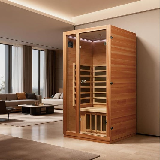1 Person Far Infrared Sauna for Home, Low EMF Sauna Heater, Chromotherapy Lighting, Premium Wood Home Sauna for Meditation and at Home Spa Relaxation, 1510W/120V (1 Person)