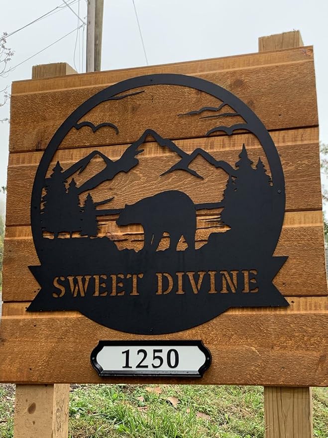 RealSteel Personalized Bear Metal Sign - Custom Outdoor Wall Art with Mountain Scene - Circular Design for Porch, Patio, Lawn & Garden Décor - Penny Vein, 36"