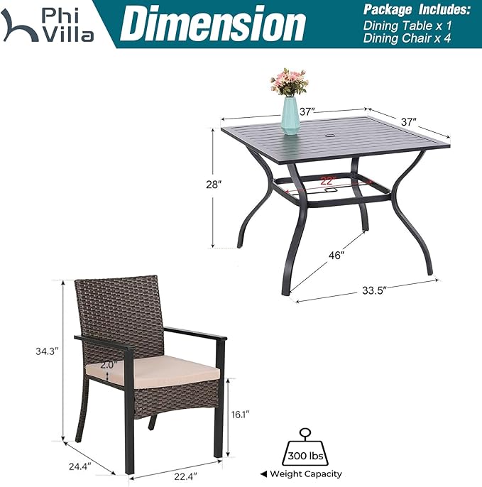 PHI VILLA 5 Piece Outdoor Dining Set for 4, 37" Square Metal Dining Table & 4 Cushioned Rattan Wicker Chairs for Patio, Deck, Yard, Porch