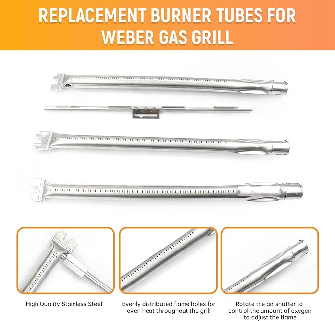 7636 Flavorizer Bars and 69787 Grill Burner for Weber Spirit I & II E-310 E-320 E-330 S-310 S-320 S330 (Front-Mounted Control), 15.3" Heat Plates & 18" Grill Burner Tube, Porcelain Steel