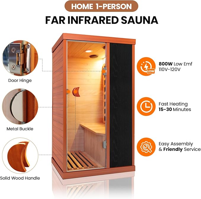 Sauna, Far Infrared Saunas for Home Room 800W/110V Indoor Sauna for Single Person Okoume Wood Sauna with 1 Person Low EMF Dry Sauna with Speakers/Air Hole and LED Color Light - 28.8 * 35.3 * 61.5 in