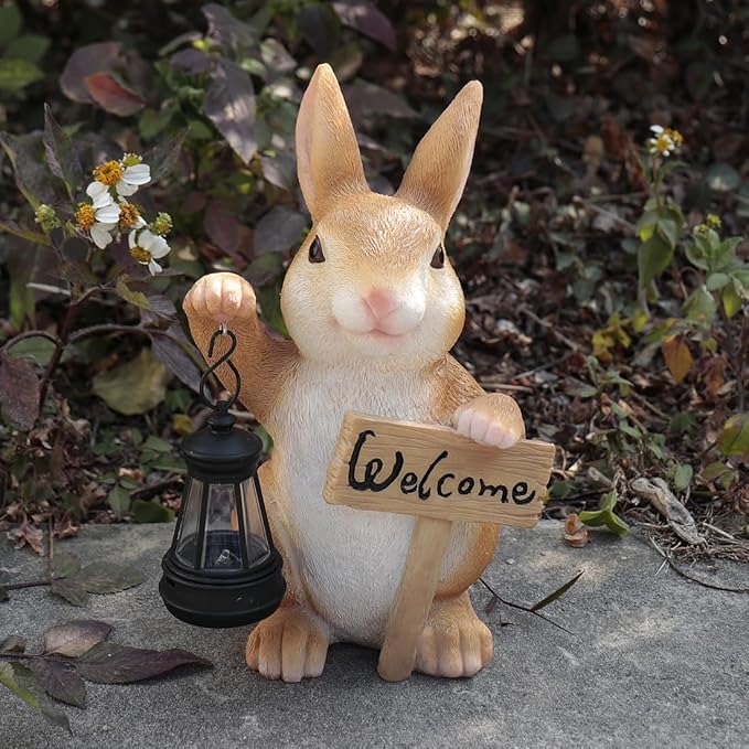 Solar Rabbit Garden Statue with Welcome Sign, Solar Rabbit Welcome Light Decor, Bunny Statues, Garden Decor for Patio Lawn Yard