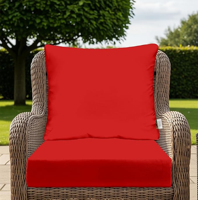 RSH DECOR Deep Seating Cushion with Pillow Back | 22” x 25” x 5" Seat | Water and Fade-Resistant Spun Fabric | Made in USA | Outdoor Chair Cushion Set for Patio Furniture (Red)