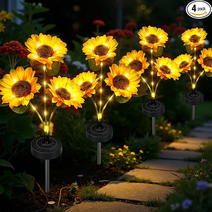 Solar Flowers Lights - Upgraded Outdoor Sunflowers Flowers Lights, Waterproof Outdoor Solar Lights for Garden, Patio, Backyard,Party and Office (Sunflowers, 4)