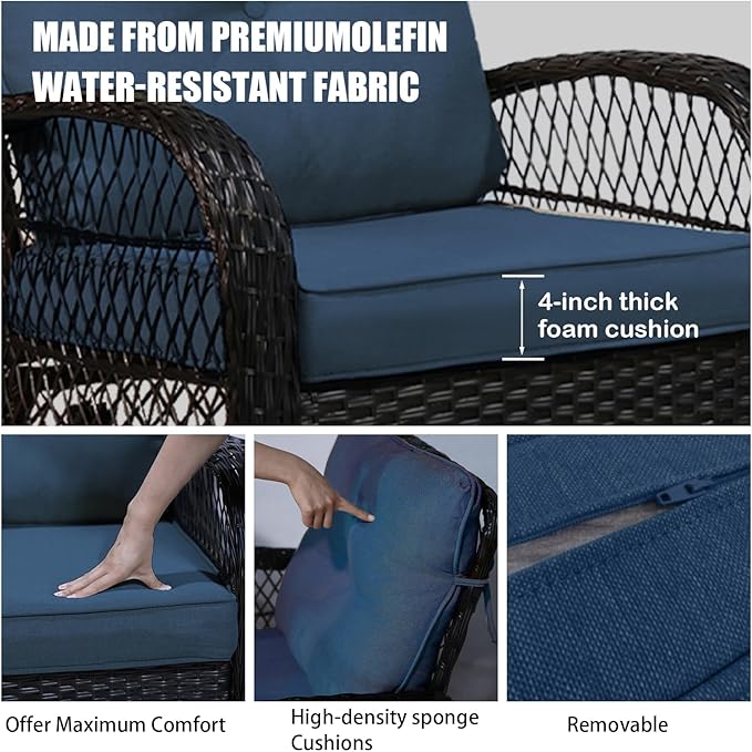 Patio Furniture Set Swivel Rocker, Outdoor Patio Chairs, 3 Piece Suit Porch Furniture Rocking Set, Backyard and Garden Rocker Rattan Chair, with Thickened Cushions and Glass Coffee Table(Navy)