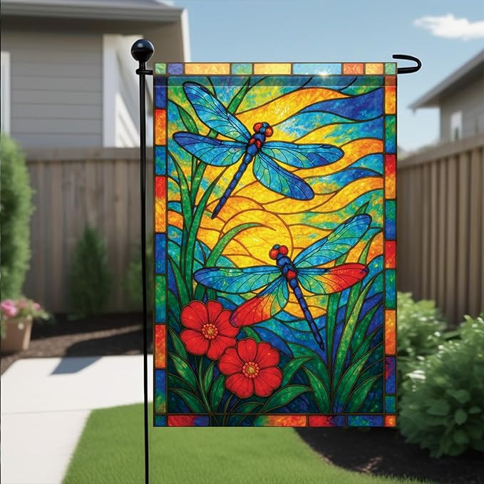 Spring Summer Dragonfly Stained Glass Garden Flag 12x18 Inch Vertical Double Sided Vibrant Outdoor Decor for Yard Lawn Patio Garden Flag for Seasonal Home and Garden Decoration