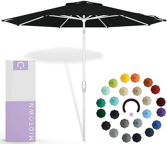 Midtown Umbrellas The Swilt 10 Feet Patio Umbrella in Sunbrella Spectrum Carbon Acrylic Fabric - Fiberglass Ribs, Auto-Tilt Aluminum Frame For Backyard, Deck, Garden, Pool - White Pole