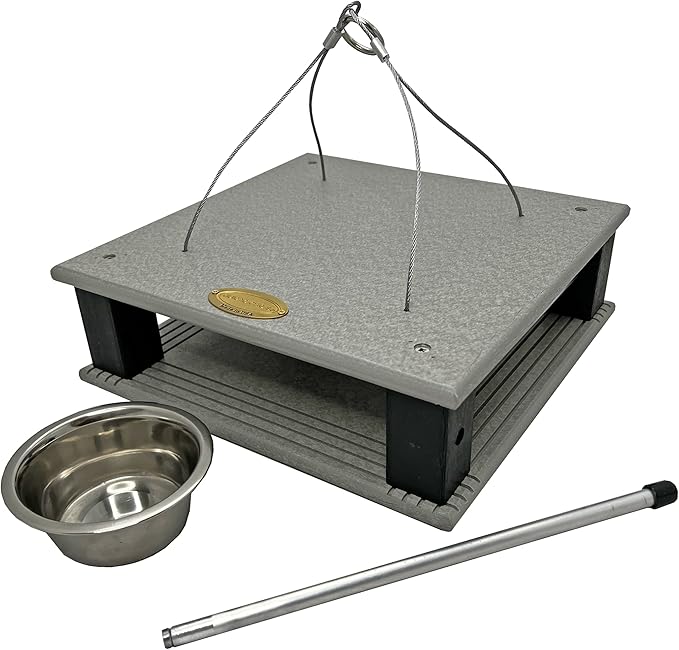 DutchCrafters Poly Gilbertson Large Covered Blue Bird Feeders for Outdoors Hanging, Bluebird Feeder for Mealworms - Amish USA Made (Light Gray & Black)