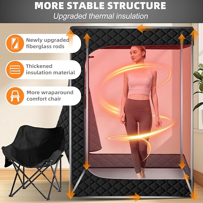 Portable Infrared Saunas for Home, One Person Steam Sauna, Full Body Steam Tent for Relaxation,2 Person Steam Saunas Box with 660nm Red Light Therapy, 4L&1500W Sauna Steamer, Folding Chair