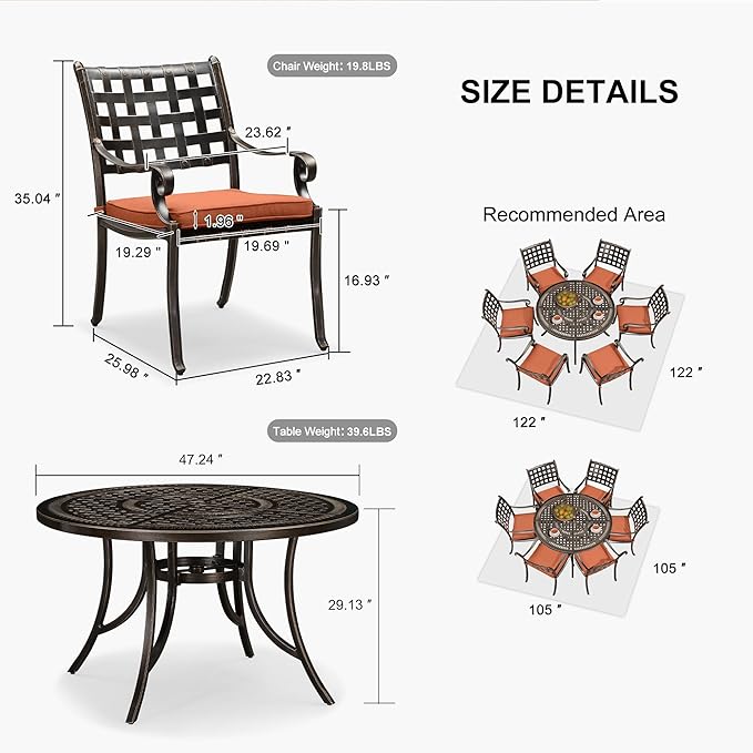 PURPLE LEAF Patio Dining Set Cast Aluminum 7-Piece Patio Furniture Set with 6 Dining Armchairs and 47" Round Table, 6 Cushions Included, for Lawn Yard Garden, Lattice Brick Red Outdoor Dining Set