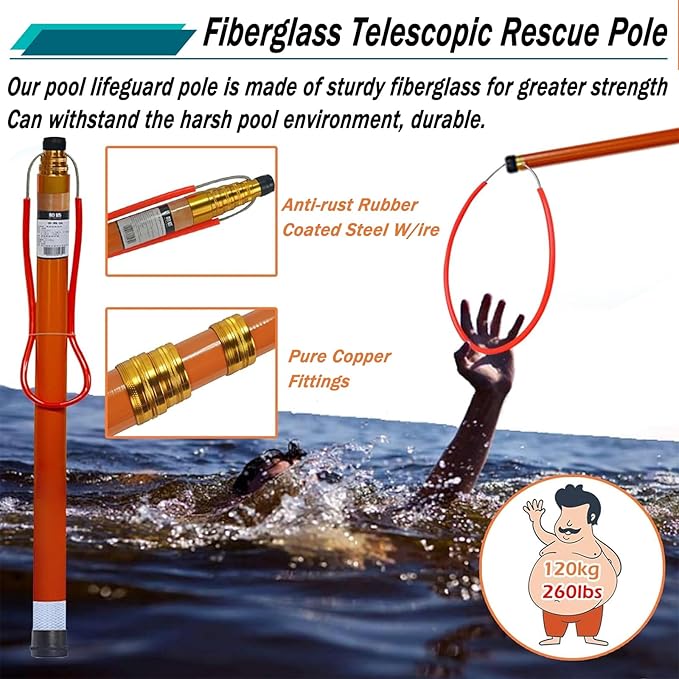 Telescopic Pool Rescue Hook with Pole, 16ft-30ft Adjustable Heavy Duty Pool Pole, Fibreglass Safety Hook Pools, Specialised Emergency Rescue Equipment for Drowning Victims (L:450cm/14.8ft)