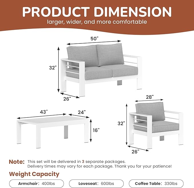 Solaste Outdoor Aluminum Furniture Set - 4 Pieces Patio Sectional Chat Sofa Conversation Set with Table,White