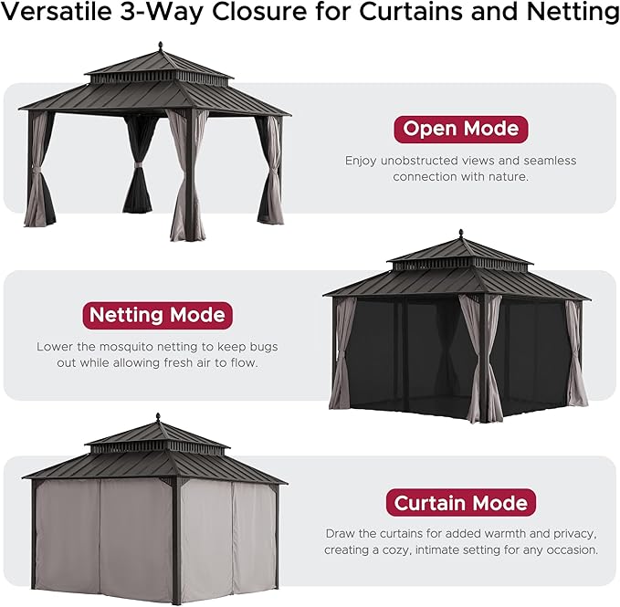 SUNJOY Kingston 12' x 12' Hardtop Gazebo with Galvanized Steel Double Roof, Curtain and Netting, Brown Aluminum Posts Permanent Pavilion Gazebo for Garden, Patio, Deck, Lawn