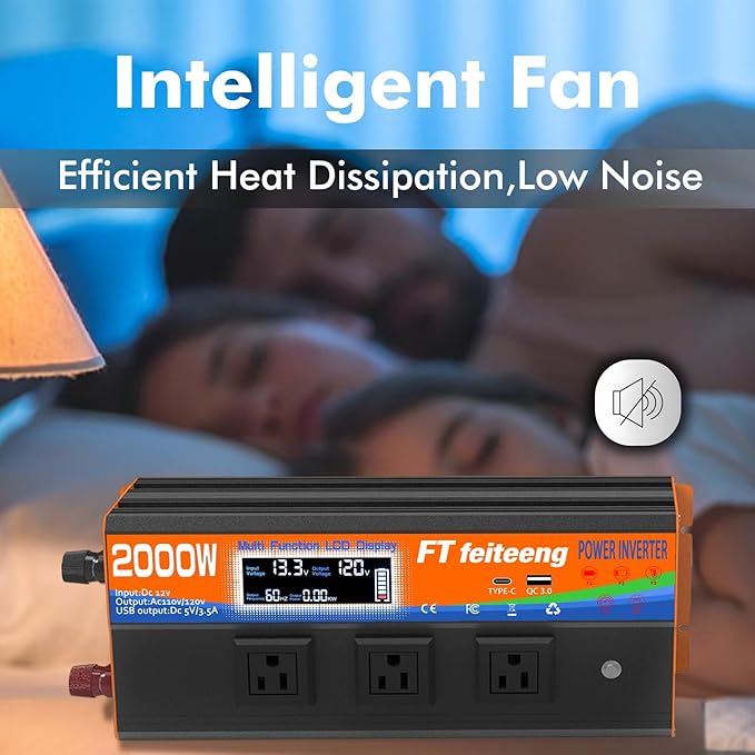 2000 Watt Inverter, Inverter 12v to 110v, LCD Display, 3 Ac Outlets, USB-C & Qc3.0 Ports, Dual Smart Fans, Remote. Power Inverters for Vehicles for Camping, Emergencies, Trucks, Rv, Off-Grid Solar