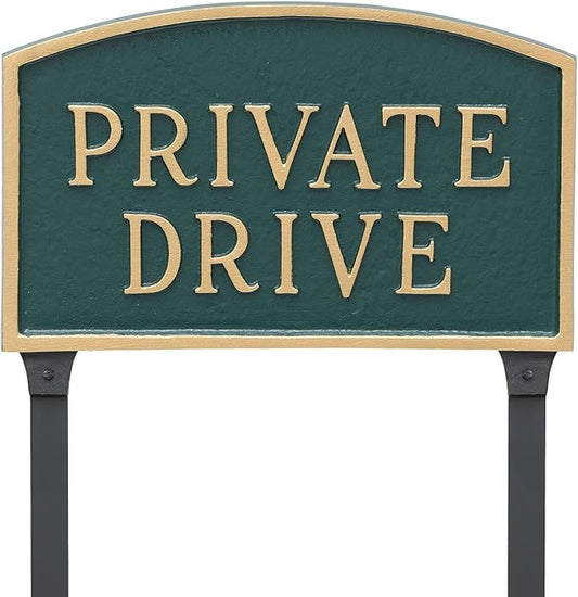 Montague Metal Products SP-12L-HGG-LS Large Hunter Green and Gold Private Drive Arch Statement Plaque with Lawn Stakes