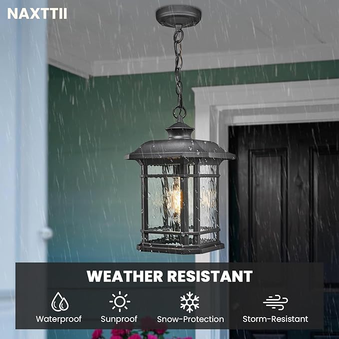 Outdoor Pendant Light Fixture Hanging Porch Light with Adjustable Chain Aluminum Frame with Tempered Water Ripple Glass Hanging Lantern for Front Door Porch Garden and Backyard