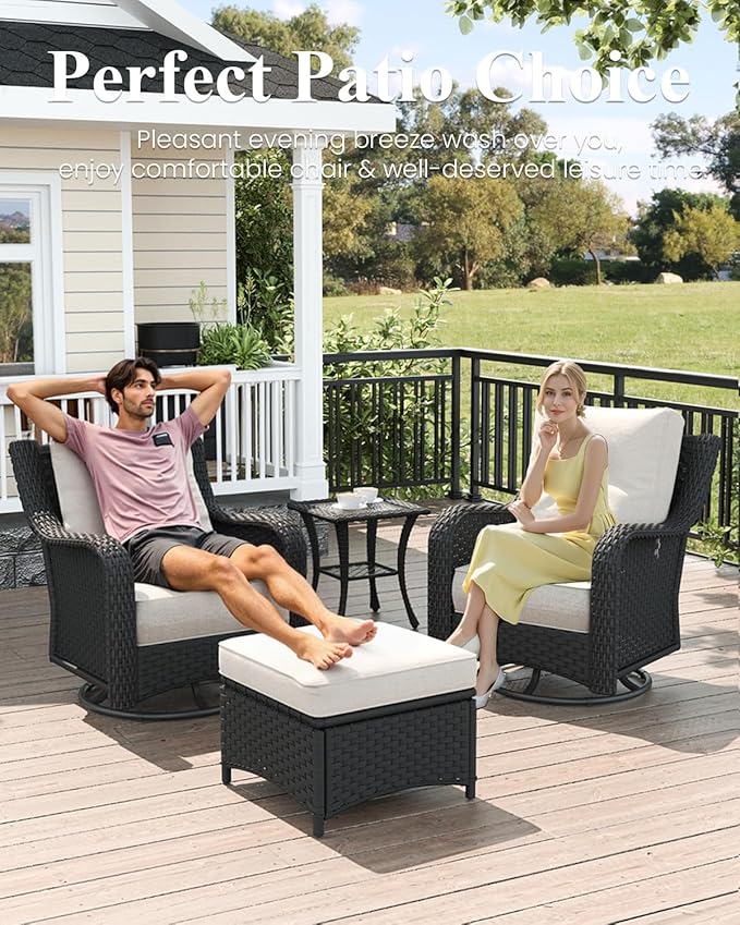 LayinSun 10 Piece Wicker Outdoor Furniture Set with 6-inch Comfy Cushions, High Back Patio Furniture Set with Swivel Rocking Chairs and Fire Pit Table