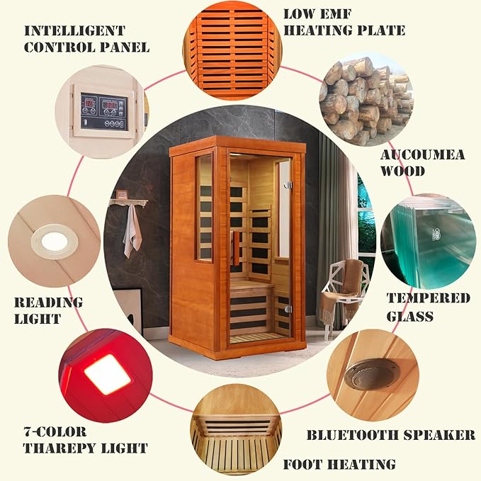Far Infrared Saunas for Home, 1 Person Sauna Indoor Okoume Wood 1170W Low Emf Dry Sauna Room with Bluetooth Audio, 7 Heaters Panels and Tempered Glass Door (Red, 31.5" * 31.5" * 63.3")