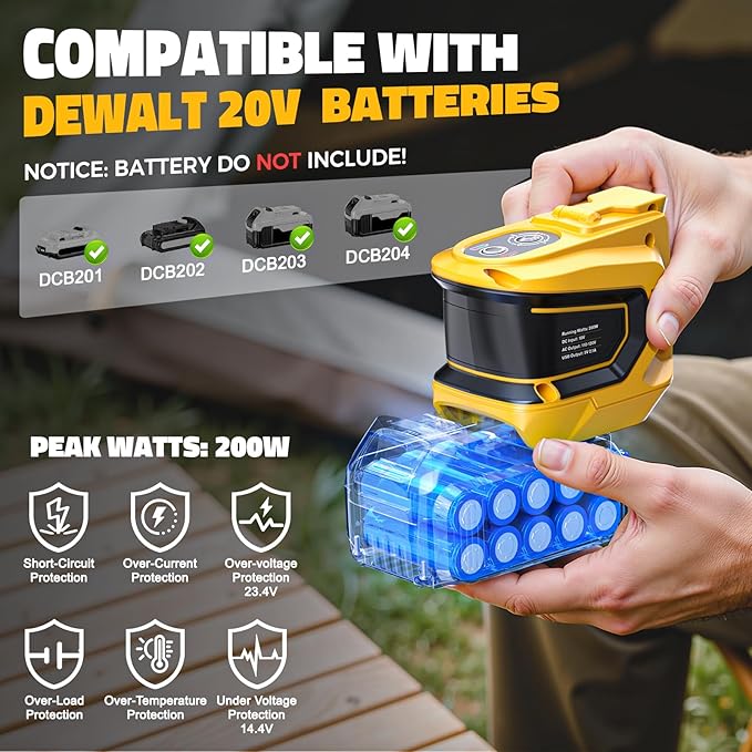 2PCS Real 200W Power Inverter for DeWalt, LIVOWALNY DC 20V to AC 110-120V Battery Inverter, Portable Battery Adapter Phone Charger Converter 2 USB & 1 Type-C & 1 AC for Camping Essentials (Tool Only)