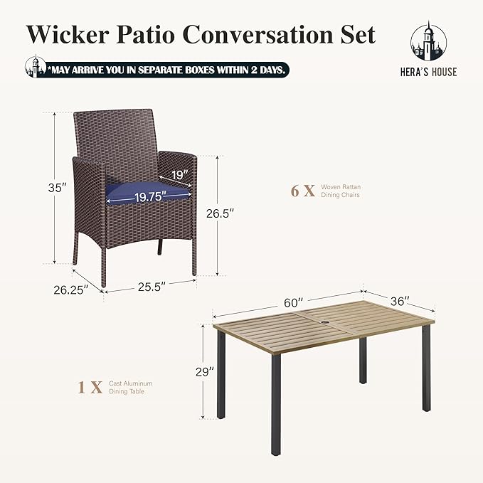 HERA'S HOUSE 7 Pieces Outdoor Dining Set, Outdoor Dining Set for 6, 6 x Cushioned Rattan Chairs, 1 x Rectangular Metal Dining Table with Wood-Look Finish for Patio, Lawn, Garden, Porch
