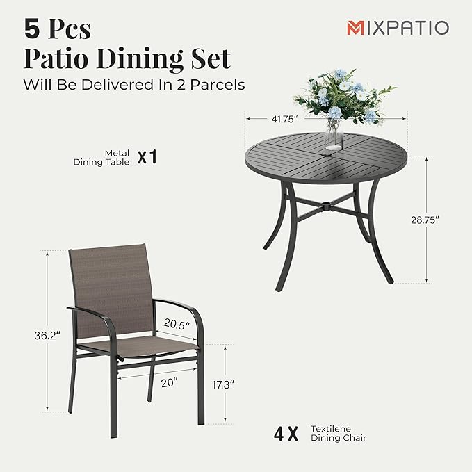 Patio Table and Chairs Set for 4, 5 Pieces Outdoor Dining Set, 4 Brown Textilene Chairs and 42" Metal Round Table with Umbrella Hole, for Deck Garden Backyard Lawn Poolside