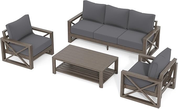 UDPATIO 4 Piece Faux Wood Aluminum Patio Furniture Set Modern Outdoor Furniture Sets with Coffee Table for Deck Porch Patio, 600D Waterproof Cover Included, Dark Grey