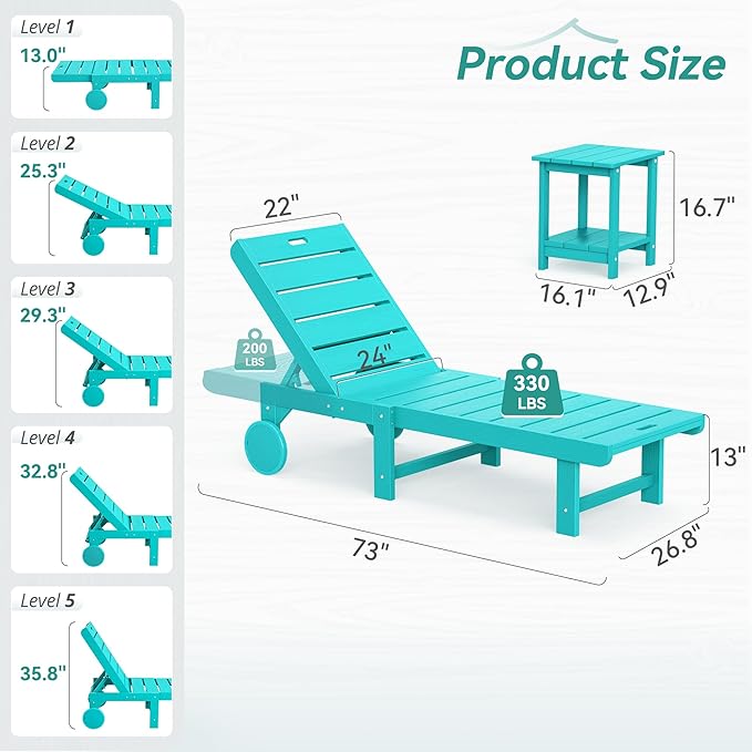Outdoor Chaise Lounge Chairs with Table, 6-Piece, 26.8” Super Wide Lounge Chair Outdoor, HDPS Pool Chairs with 5 Positions, Patio Lounge Chair with Wheels for Pool,Lawn,Backyard, Aruba Blue