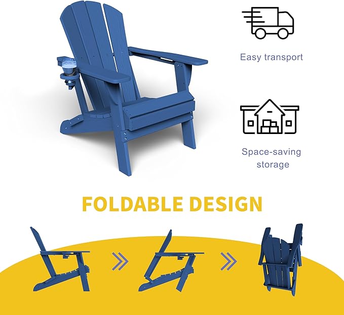 Kingdura Foldable Adirondack Chair, Portable HDPE All Weather Resistant Outdoor Patio Chair, Wooden Textured with Cup Holder, 380LBS Capacity for Poolside, Backyard, Deck, Fire Pit (Navy Blue)