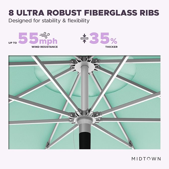 Midtown Umbrellas Push Pop Sunbrella Umbrella 10 Feet Large Outdoor Umbrella With Canvas Glacier Acrylic Fabric - Deck Patio Umbrella, Backyard Umbrella, Garden Umbrella & Pool Umbrella - Black Pole
